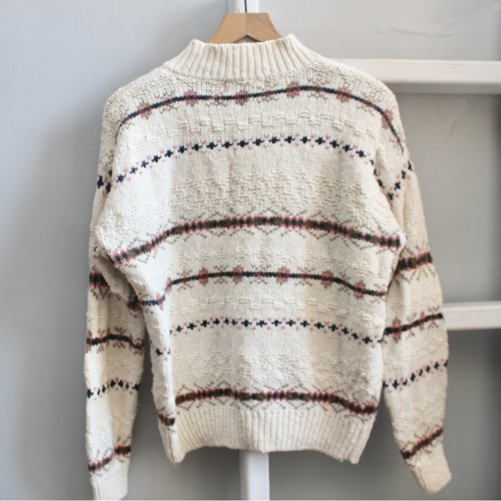 Robert Scott Ltd VTG Cream Knit Linen Cotton Fair Isle Collared Sweater Medium - Picture 2 of 4